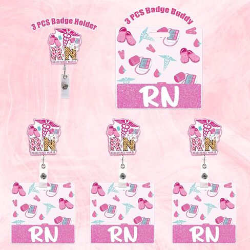 APCGSM 3PCS RN Badge Reel Retractable with Badge Buddy, Nurse Accessories RN Badge Buddy Glitter Cute Nurse Badge Reel, Horizontal ID Badge Holders Retractable for Nursing Gifts in Kuwait