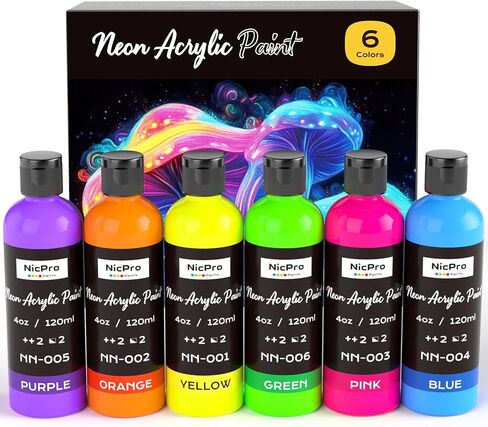 Nicpro 6 Colors Fluorescent Acrylic Paint Set (4 oz, 120 ml), Glow in the Black Light, Non-Toxic & Vibrant Neon Paint for Neon Party Decoration, DIY Project on Multi-Surface, Canvas, Rock, Wood, Craft in Saudi Arabia