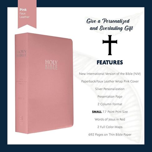 Personalized NIV Bible Faux Leather Small Print Economy Bible with Custom Name at The Lower Right Side & Red-Highlighted Verses, Custom Gift for Christian & Religious Events | Pink in Saudi Arabia