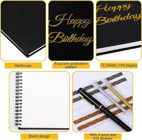 Birthday Guestbook with Pens Stickers Happy Birthday Signature Book 8.3 x 6.5 Inch Black Gold Birthday Guestbook for Birthday Photobooth Photo Strips Scrapbook Birthday Gift Party Supplies in Saudi Arabia