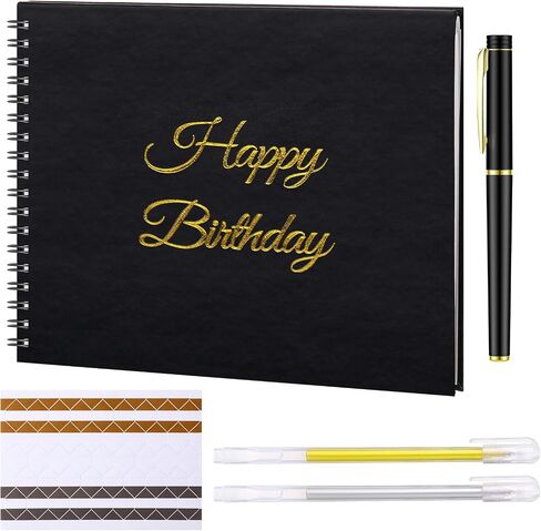 Birthday Guestbook with Pens Stickers Happy Birthday Signature Book 8.3 x 6.5 Inch Black Gold Birthday Guestbook for Birthday Photobooth Photo Strips Scrapbook Birthday Gift Party Supplies in Saudi Arabia