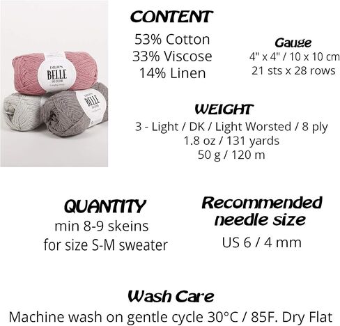 Knitting Yarn of Cotton, Viscose and Linen, Drops Belle, DK, Light Worsted Weight, 1.8 oz 131 Yards (23 Mint Cream) in Saudi Arabia