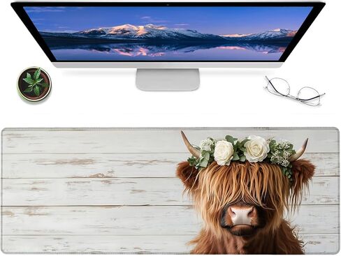 Highland Cow Gaming Mouse Pad – 12x31.5in Large Extended Desk Mat with Floral Crown Cattle Design – Non-Slip Rubber Mousepad for Office Home – Deskmat Gifts for Animal Lovers Decor in Saudi Arabia