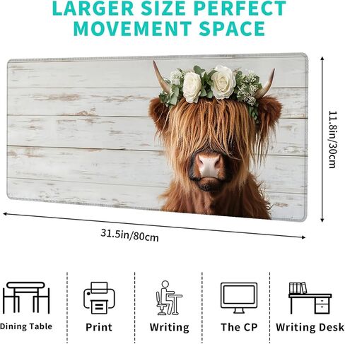 Highland Cow Gaming Mouse Pad – 12x31.5in Large Extended Desk Mat with Floral Crown Cattle Design – Non-Slip Rubber Mousepad for Office Home – Deskmat Gifts for Animal Lovers Decor in Saudi Arabia