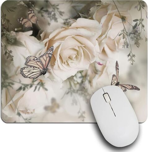IBILIU Mouse Pad White Roses,Butterfly Flower Floral Rectangle Mousepad Non-Slip Rubber Base Computer Mouse Pad for Laptop, Office, Home - 9.5 X 7.9 Inch in Kuwait