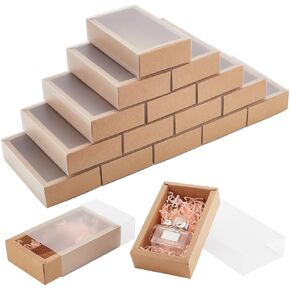 BENECREAT 30 Pack Rectangle Brown Kraft Boxes, 6x3x1.5 inch Present Packaging Boxes with Frosted PVC Windows for Chocolates, Handmade Soap, Cosmetic Samples