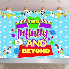 Blue Clouds Cartoon Story 2nd Birthday Party Banner Backdrop 2 to infinity and Two Beyond Bday Decorations Party Supplies for Boys