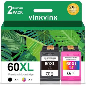60XL Ink Cartridges for HP Printers Replacement for HP 60 60 XL Combo Pack Work for DeskJet D1660 D2500 D5560 F2400 F4200 F4580; Envy 100 110 120; PhotoSmart C4600 C4700 Printer (1 Black 1 Tri-Color)
