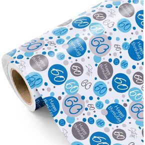 WRAPAHOLIC 60th Birthday Wrapping Paper - Mini Roll - 17 Inch x 33 Feet - Blue 60th Birthday Design for Birthday, Party, Holiday