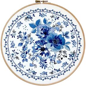 EOQIFJM Blue Floral Embroidery Kit,Hand DIY Blue and White Porcelain Flowers Border Pattern Embroidery Kit Indigo Flower Cross Needle Point Embroidery Kit for Beginners Craft Lovers (Blue and White)