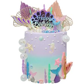 BiBo Mermaid Cake Topper Decorations, Tail Cupcake Toppers Under the Sea Cake Decor, Shells Seaweed Bubbles and Golden Leaves Happy Birthday Cake Set for Mermaid Theme Birthday Party.
