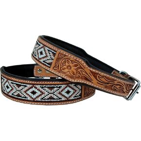 Leather Dog Collar Western Style Heavy Duty Hand Tooled Adjustable Beaded and Padded Soft for Puppies and Big Dogs 10AB007
