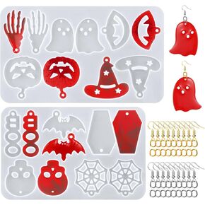 82pcs Halloween Earring Resin Molds, 10 Styles Resin Earring Molds with Earring Hook Silicone Resin Jewelry Molds Kit for DIY Earrings Keychain Jewelry Crafts Making