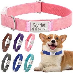 Silent Personalized Dog Collar with Engraved Name Tag | Adjustable Leather Collar for Small/Medium/Large Dogs, Pink-M