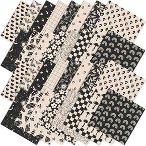 32Pcs Boho Ivory Cotton Fabric Bundles 10 x 10 Inch Black Beige Rainbow Mushroom Flower Fabric Squares Vintage Sewing Fabrics for DIY Craft Party Decor