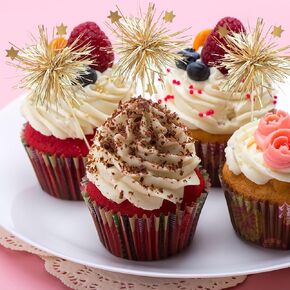 30 PCS Foil Fireworks Cupcake Covers, Happy Birthday Cake covers Parkling Tinsel Flowers Fruit Toothpicks, Birthday Party and Valentine's Day Party Supplies Gold