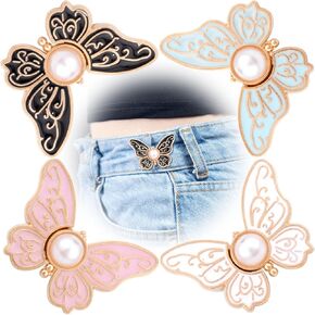 4pcs Butterfly Pant Waist Tightener, Adjustable Waist Tightener Buckle, Detachable Metal Pins for Loose Jeans Jackets Coats Shirts Overalls- Black & White & Blue & Pink