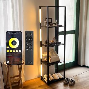 FENLO LED Display Shelf Floor Lamp with Wooden Shelves – Adjustable Lighting with App & Remote – Modern Wide Shelf Lamp for Living Room, Office, or Bedroom Fancy Plus Pro