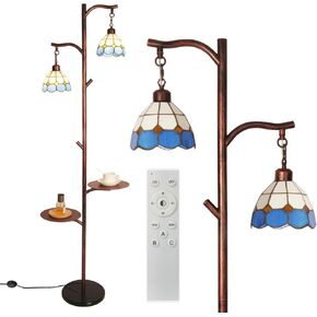 beaysyty Tiffany Style Stained Glass Retro Floor Lamp with Tray, Dimmable Floor Lamps, Custom Color Temperature Standing Lamp for Living Room and Bedroom,Painted Bronze