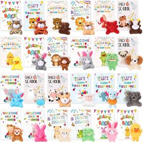 Zhanmai 24 Set Welcome Back to School Mini Animal Plush Toy Classroom Gifts for Students First Day of School Animal Plush Toys Bulk with wish card for Goodie Bag Fillers Party Favors