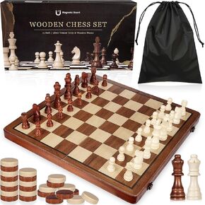 Magnetic Wooden Chess Set & Checkers Board Game, 15" Folding Chess Board (2 in 1) - Handcrafted Chesspiece (2 Extra Queens) - Storage Slots - Gift Package, Ideal Chess Set for Beginner