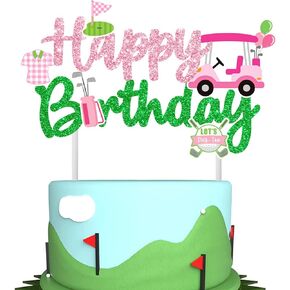 Golf Theme Happy Birthday Cake Topper Pink and Green Glitter Golf Birthday Party Decorations Golf Cart Cake Picks for Girls Sport Baby Shower Retirement Party Supplies