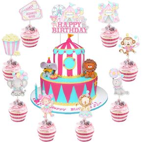 25PCS Circus Birthday Party Cake Toppers Pink Pastel Carnival Circus Animal Cake Decorations for Girls 1st 2nd 3rd 4th 5th Birthday Party Decorations