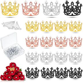 Sureio 100 Pcs Bouquet Wedding Corsages Pins for Flowers and 20 Pcs Crown Cake Topper Flower Rhinestone Head Pins Mini Tiara Birthday Cake Topper for Birthday Party Wedding (Gold)