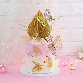 24-Pieces Butterfly Cake Decorations Acrylic Hollow Out Shinning Butterfly Cake Toppers for Baby Shower Wedding Birthday Party Decor (Gold)