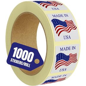 Made in USA Labels 1 X 1 Inches American Flag Stickers Glossy Paper, 1000 PCS Per Roll Vinyl Decal United States Flag Sticker for Product Labeling (1 Roll)