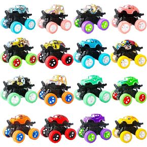 16 Pcs Mini Truck Toy Friction Powered Small Pull Back Truck Toys Push and Go Rotating Stunt Vehicles Toys for Boys and Girls Birthday Gifts Party Supplies, 16 Styles