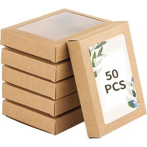Homaisson 50 PCS Greeting Card Storage Boxes,Kraft Paper Boxes with Transparent Window, Greeting Card Envelope Applicable Bulk Frame Photo Storage Boxes, 4.5 x 6 x 1 Inches