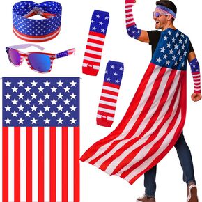 American Flag Costume Set – 4 PCS Patriotic 4th of July Outfit with USA Cape, Headband, Blue Lens Sunglasses & Sleeve