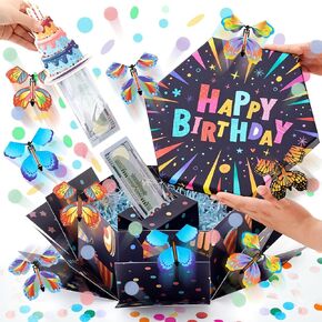 Dunzoom Birthday Flying Butterfly Surprise Gift Box with Money Box for Cash Gift Pull, Large Explosion Surprise Money Boxes with 12 Pcs Flying Butterfly for Birthday Wedding Anniversary