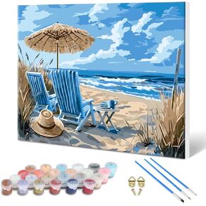 MXJSUA Sea Chairs Paint by Numbers for Adults with Frame, Canvas-with Wooden Easel, Canvas Oil Painting Kit, DIY Acrylic Pigment Drawing Paintwork Arts Craft Kits for Home Wall Decor 16x12in