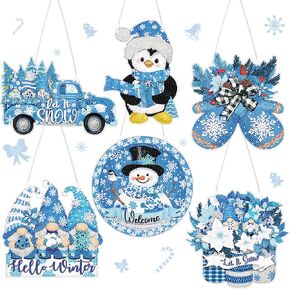 Zonon 6 Pcs Winter Diamond Painting Hanging Sign Set 5d Snowman Diamond Art Set for Adults DIY Gnome Art Pendant Ornaments Kits Acrylic Winter Tree Wreath Truck for Wall Window Decor