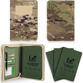 5 Pcs Waterproof Tactical Notebook with 96 Sheets 192 Pages Kit Zippered Tactical Notebook Cover with A5 Military Planner Papers and Pen for Outdoor, Combat, Army, Hiking