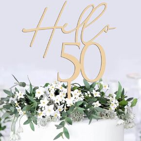 Hello 50 Cake Topper - Wooden 50th Birthday Cake Decorations, Happy 50th Birthday Cake Topper for women or men - 50 Wedding Anniversary Party Cake Decor, Photo Booth Props