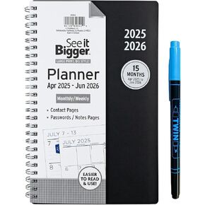 PlanAhead See IT Bigger April 2025 - June 2026 Size 8.75" x 5.5" x 0.5" Monthly/Weekly Medium Planner and Twin Fluorescent Pen (Coppa)