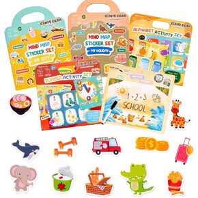 Giant bean Reusable Sticker Book for Toddlers 1-3, 4 Jelly Sticker Books and 1 Writing Board, Featuring City, Holiday, Alphabet and Number Themes, Educational Learning Toys for Boys and Girls Ages 2-4