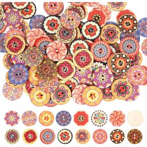 200PCS 3/4" Mixed Vintage Flower Wooden Buttons Mixed Pattern Vintage Buttons Bulk Assorted Colors Natural Wood Button for Sewing Knitting Crocheting Scrapbooking