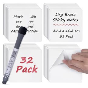 Dry Erase Sticky Notes, 4" X 4", 32-Pack Reusable Whiteboard Stickers, Removable Post It Notes, Suitable for All Surfaces