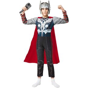 Kids Super Hero Costume Muscle Suit with Helmet Cape Jumpsuit Hammer 4 PCS Sets Halloween Party Cosplay Props