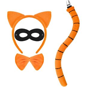4Pcs Orange Cat Costume Accessories Set Including Orange Cat Ears Headband Tail Bow Tie Black Mask for Book Day Cosplay Supplies