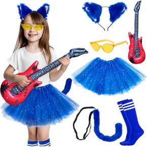6 Pcs Girls Blue Cat Costume Accessories Set- Include Fluffy Cat Ears Headband & Tails with Cartoon Character Role Play Supplies, Halloween Kitty Cat Cosplay Kits Read Book Day Dress Up ( Blue )