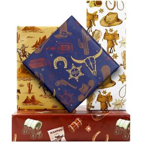 Western Wrapping Paper for Boys Kids Girls, 8 Sheets West Cowboy Wrapping Paper, 20 x 28 Inches Per Sheet Wild West Desert Cactus Gift Wrap For Wild West Theme Birthday Country Cowboy Cowgirl Party