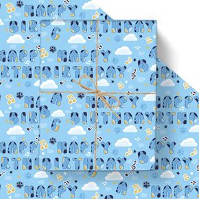 Happy Birthday Wrapping Paper, 8 Sheets Blue Orange Dog Gift Wrap Paper in Paw Clouds Music Pattern Design for Kids Boys Girls Birthday Party Baby Showers Holiday Greeting | 19.7×27.6 inch