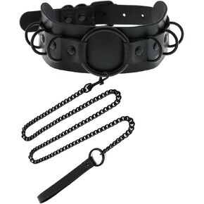 Black Faux Leather Gothic Choker Collar for Dog Cat with Leash,Cosplay Necklaces and Hauling Chains,Adjustable Pet Neck 11-15 inches