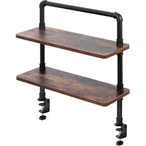 VIVO Clamp-on Premium 24 inch Industrial Pipe 2-Tier Tabletop Shelving, Heavy Duty Desk Extension Organizer, Modern Desktop Display Shelf, Rustic Vintage Brown Shelves, DESK-SHELF24-2N