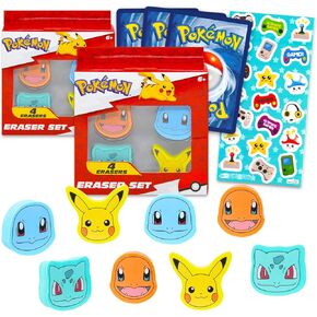 Pokemon Party Favor Set - Bundle with 8 Pokemon Erasers Featuring Pikachu, Squirtle, Bulbasaur, Charmander Plus Pokemon Cards, More | Pokemon Party Supplies Kit for Kids, Boys, Girls